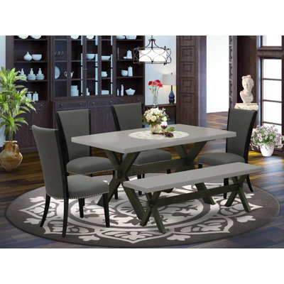 Winston Porter 36FD4EE0132C4DE1961D5795A08624F5 6 Pc Dining Set - 4 Black Dining Chairs, Wood Table And Modern Bench - Distressed Jacobean Finish by Winston Porter
