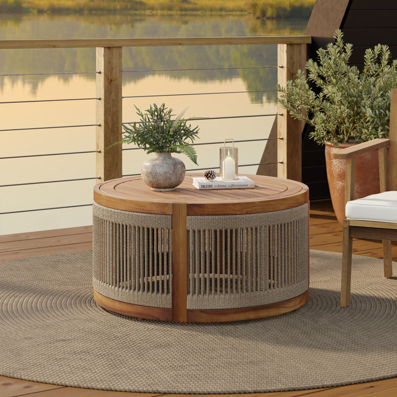 Outdoor Acacia Wood Rope Sides Round Drum Coffee Table