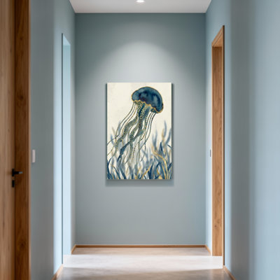 Animals Jellyfish With Gold Accents On Blue Background