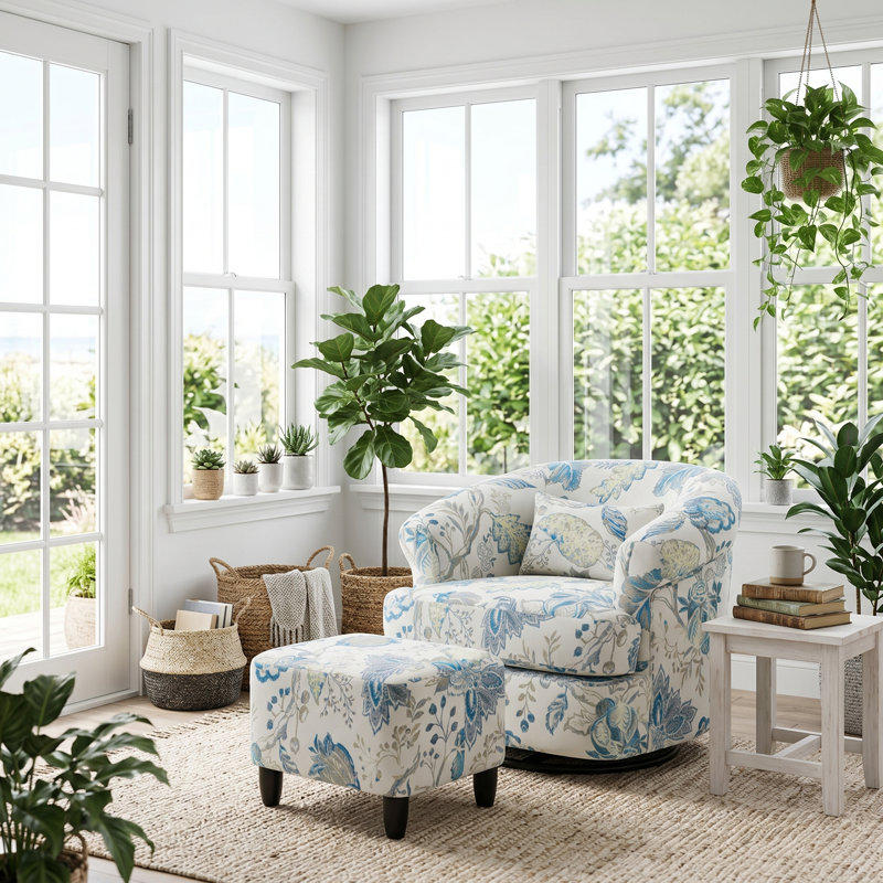 Ensemble de fauteuil pivotant avec repose-pieds, Lin bleu