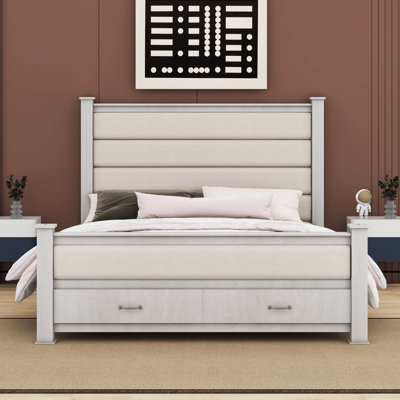 Tiodora Queen Size Wood Frame Platform Bed with Upholstered Headboard, Footboard and 2 Drawers -  Latitude RunÂ®, 8173D410091F49688AAA9BB63B2A98D5