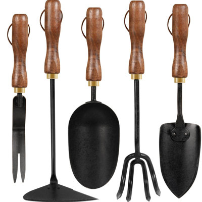 Garden Tool Set, 5PCS Gardening Tools, Stainless Steel Heavy Duty Hand Cultivator, Hoes, Shovel, Trowel And Weeder With Ergonomic Walnut Handle, Garde