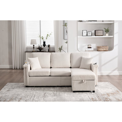 Velours côtelé en forme de L avec 4 sièges, rangement, porte-gobelets et éclairage d'accoudoirs pour compartiment de rangement modulaire escamotable Cozy Home Living, éclairage de tabouret de pieds mobile