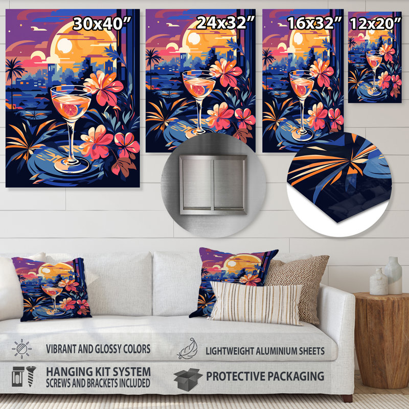 Coucher de soleil rose et mauve, cocktail et harmonie, H 32 po x l 16 po x P 1 po