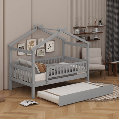 Wooden House Bed With Trundle