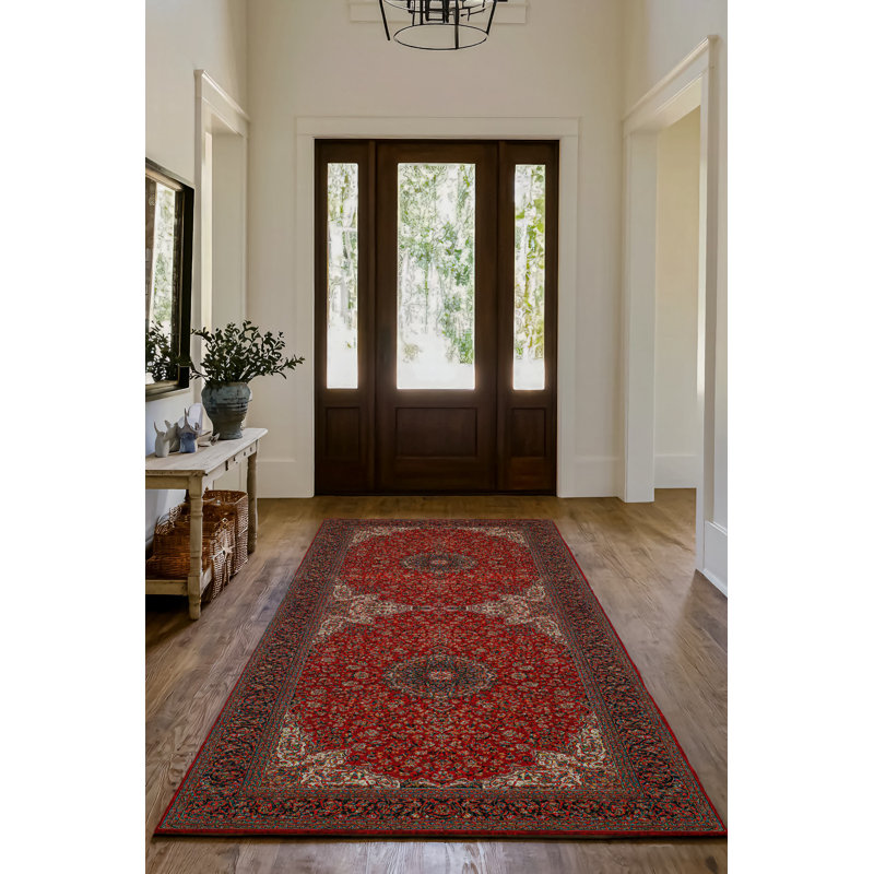 Tapis rouge en coton imprimé chenille Guria, Tapis de couloir 2 pi 8 po x 7 pi 3 po
