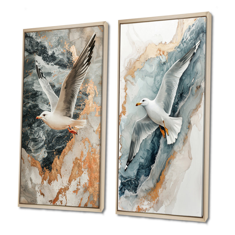 Bord de mer, mouette, ailes de marbre sur les vagues I - animaux, art mural 2 panneaux, H 28 po x l 25 po, Cadre crème crème
