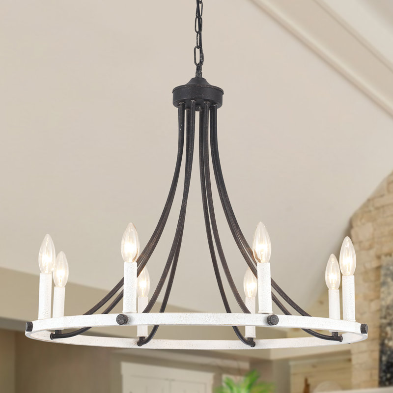 Luminaire rond rustique de style chandelier en forme de bougie à 8 lumières Mumme, Brun antique vieilli / blanc vieilli, 8