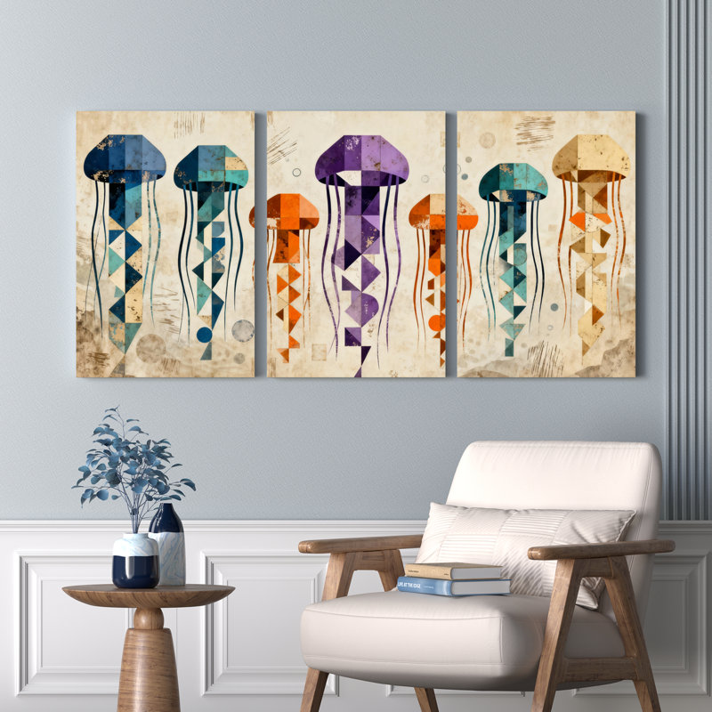 Tableau abstrait géométrique à motif de méduses sur toile tendue, style bohème moderne (lot de 3), H 18 po x l 36 po
