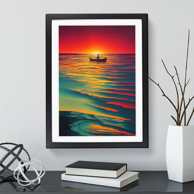 Boat And The Ocean Sunset - Single Picture Frame Print, Black, 34cm H x 25cm W x 2cm D