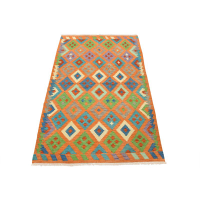 Tapis orange / vert / bleu en laine noué à la main de conception unique 4 pi x 6 pi Laurell