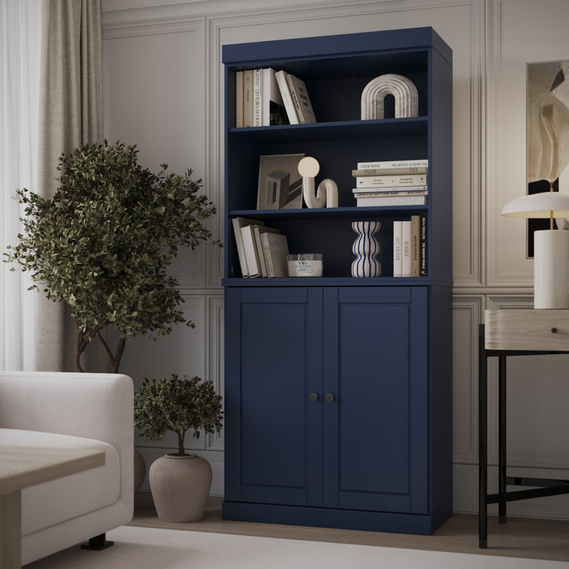 Victorya Palace Imports 100% Solid Wood 6-Shelf Bookcase, Raised Panel Doors, Adjustable Shelves, 32" Wide, 71.5" Tall, Navy