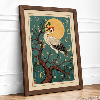Crane Under Moon Japandi - Framed Print