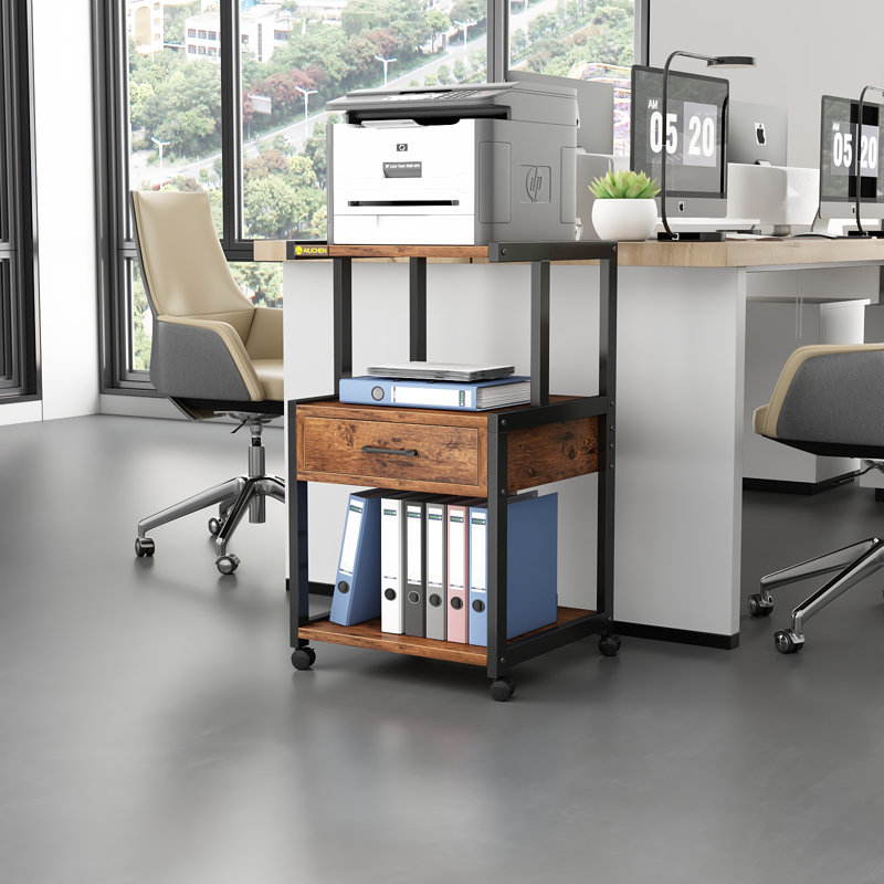 3 Tier Printer Stand with Storage Drawer Rolling Printer Table with Wheels Home Office,Retro, Brown