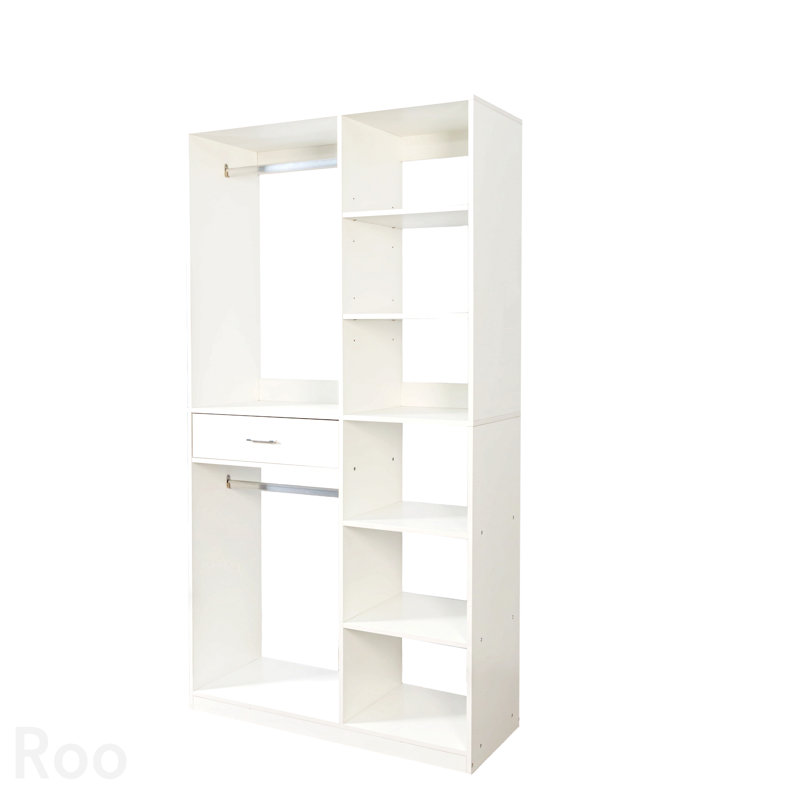 Armoire-penderie autoportante avec 6 tablettes ouvertes, 1 tiroir en bois et 2 tringles, fini blanc
