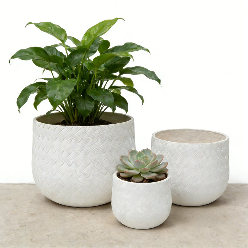 Assorted Sizes Magnesium Oxide Round Planter,21.65"+14.17"+8.66" Dia Set of 3 Planter,Outdoor Indoor Plant Pot with Drainage Hole, with Weaving Pattern Planter for Home Garden Patio