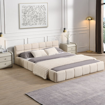 Queen Size Beige Chenille Bed With Checkerboard Headboard For A Comfort - Centric Bedroom Design Comfortable And Contemporary Sleep