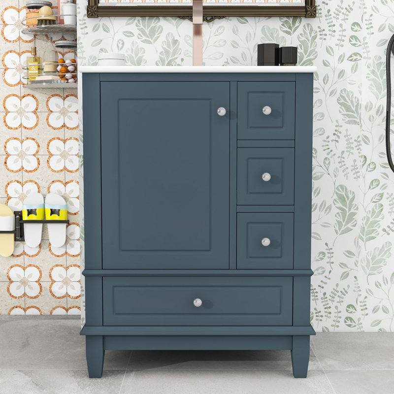 Meuble-lavabo en bois avec lavabo, tiroirs de rangement et tablettes de porte internes en bois, Bleu gris