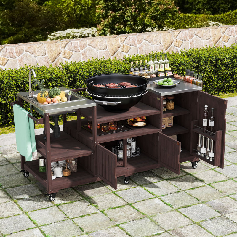 Îlot de cuisine 75,5 po avec évier, chariot-bar à roulettes avec rangement spacieux et conception modulaire, Brun