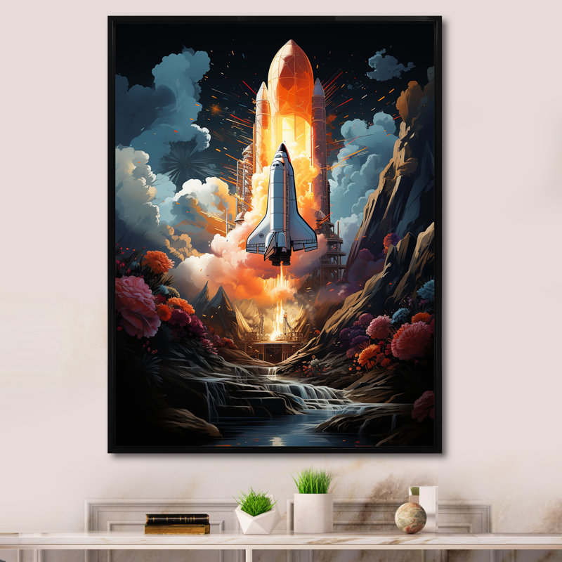 Lancement de la Navette spatiale moderne I sur toile, H 32 po x l 24 po x P 1 po, Cadre flottant noir