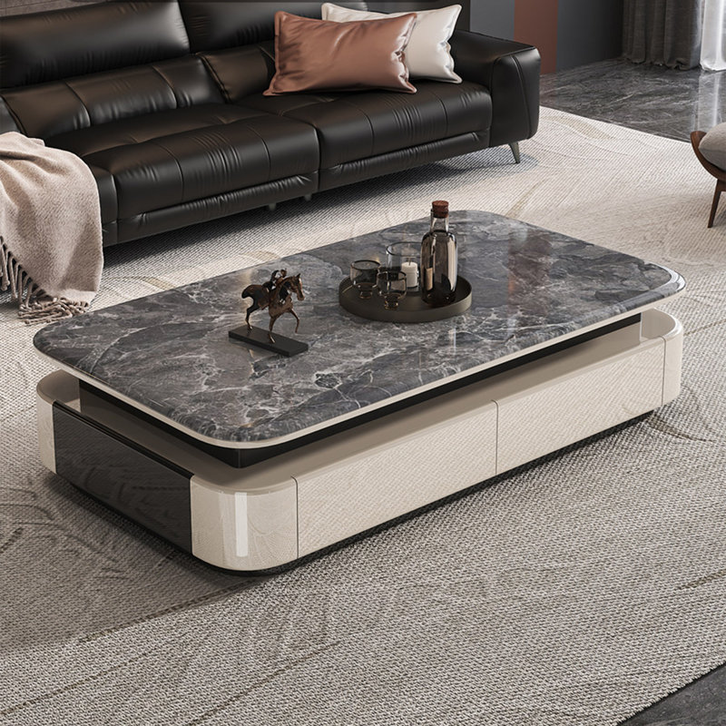 Table basse en pierre micro-cristalline avec rangement, H 16,5 po x L 63 po x l 31,5 po, Noir / blanc
