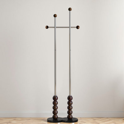 Freestanding Coat Rack With Stainless Steel Double Rods & Marble Base & Solid Wood End