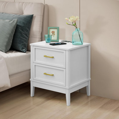 Walter 2 Drawer Nightstand with Charging Station, Bedside Table with Storage Drawers, Night Stand for Bedroom, End Table or Side Table for Living Room, 15.5" D x 18.7" W x 21.7" H, White