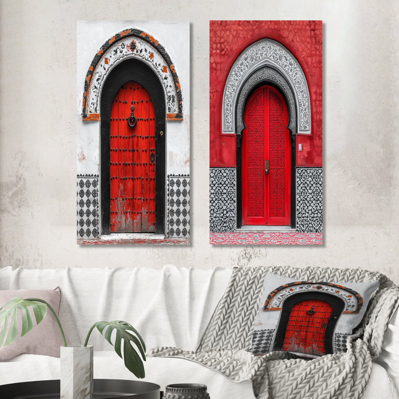 Porte marocaine dans les tons rouges I - ensemble d'art mural marocain 2 pièces, Toile tendue, H 28 po x l 24 po