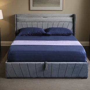 Ama Maker Queen Size Lift Up Storage Bed Frame, Hydraulic Storage, Charging Station, LED, Gray