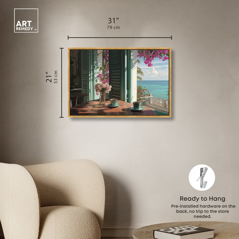«Morning Coffee Ocean View», reproduction d'art sur toile encadrée par Art Remedy, cadre doré, 30 x 20, 21"H x 31"W