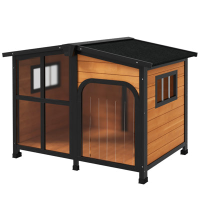 Pawhut Outside Cabin-Style Wooden Dog House For Large Dogs With Openable Roof & Giant Window, Outdoor & Indoor Big Dog House, Asphalt Roof