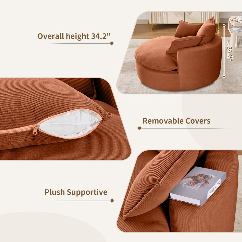 57" Oversized Swivel Barrel Accent Chair, Large Comfy Reading Chair, Round Lounge Chair, Upholstered Armchair with 360° Rotating Base, Dual-Layer Cushion & Removable Pillows for Living Room, Bedroom & Apartment