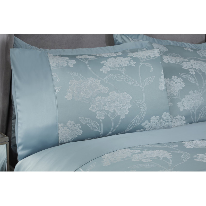 Blossom Satin Floral Bedding with Pillowcases, Single, Duck Egg