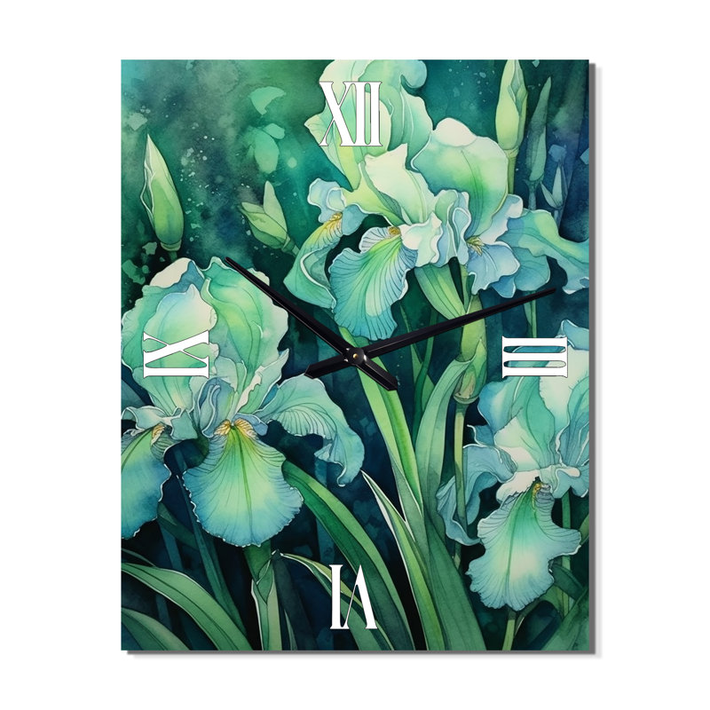 Green Irises Petal V - Horloges murales à motif floral, Grand