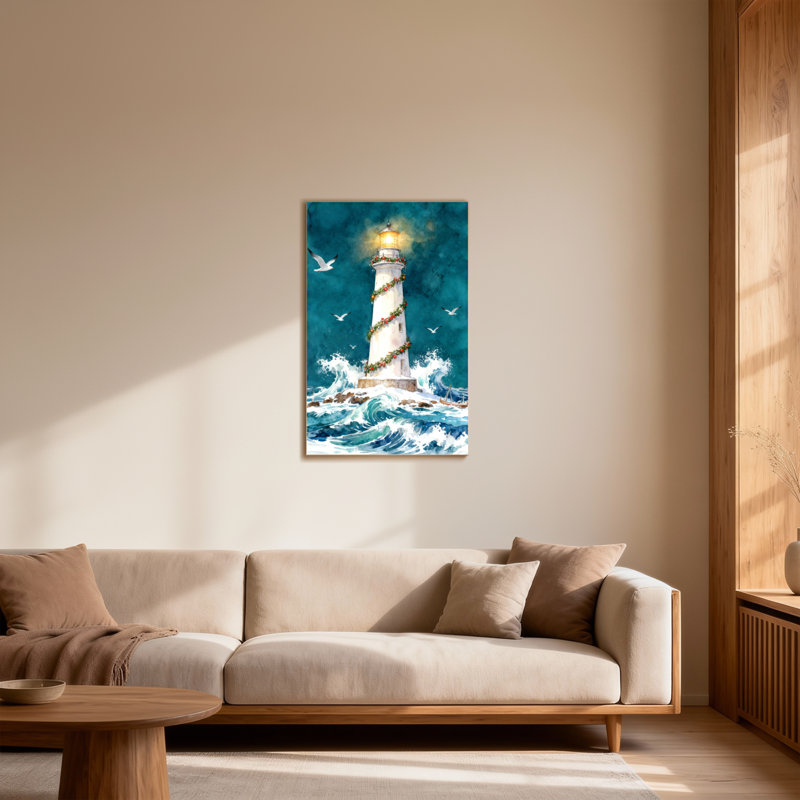 Phare de Noël avec guirlande et vagues, H 24 po x l 16 po