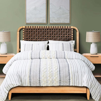 Grand lit en similicuir tissé de style Mid-Century, avec placage en bois massif sur les rails latéraux, tête de lit à style ouvert, coins arrondis, 5 lattes, pour un usage moderne avec sommier tapissier
