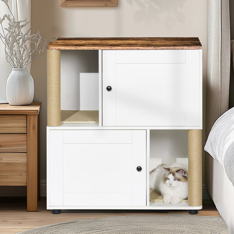Enceinte de litière double pour chat en blanc et style rétro, pour deux félins, étagère, convient à plusieurs tailles de bacs, mode d'économie d'espace de couche, trait de grattage, tapis anti-fuites, panneau de particules,