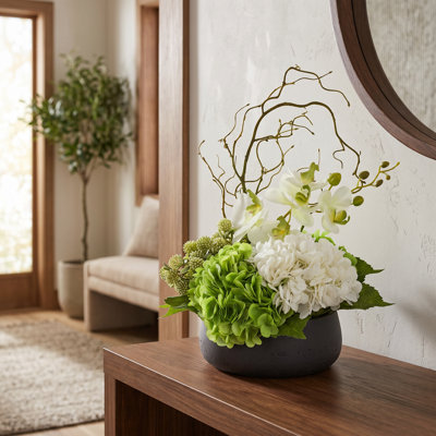 Organic Modern Arrangement with Orchids and Hydrangeas