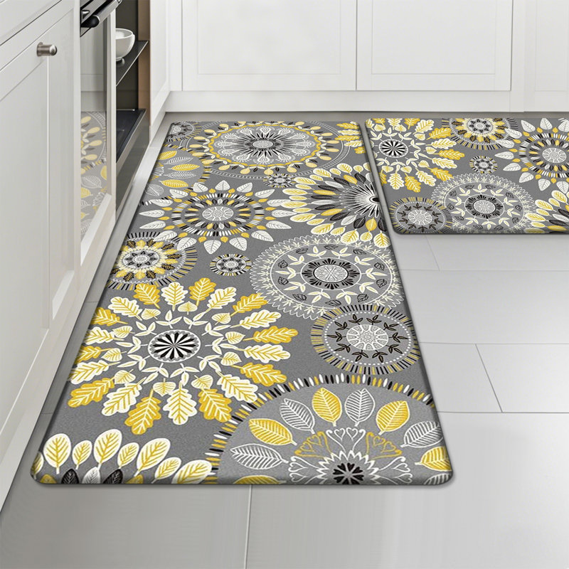 Jalissia Anti-Fatigue Non-Skid Kitchen Mat, Gray/Yellow/Black/White, Runner 18" x 30" + 18" x 48"