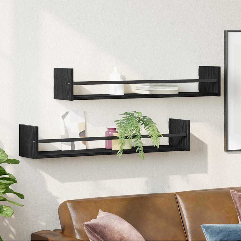 Wall Shelf 2 Pcs Engineered Wood, 14cm H x 80cm W x 16cm D, Black Oak