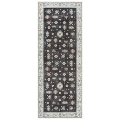 Washable Non-Slip 10 ft Runner - Black / Ivory Traditional Oriental