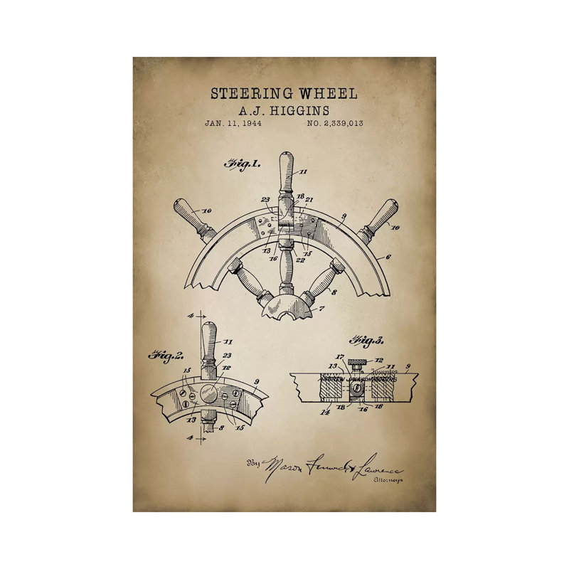 Nautical, Steering Wheel by PatentPrintStore - Wrapped Canvas Print, 20.32 cm H x 30.48 cm W