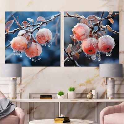 Pink Frosty Winter Apple Orchard I - Fruits Canvas Art Print Set Of 2