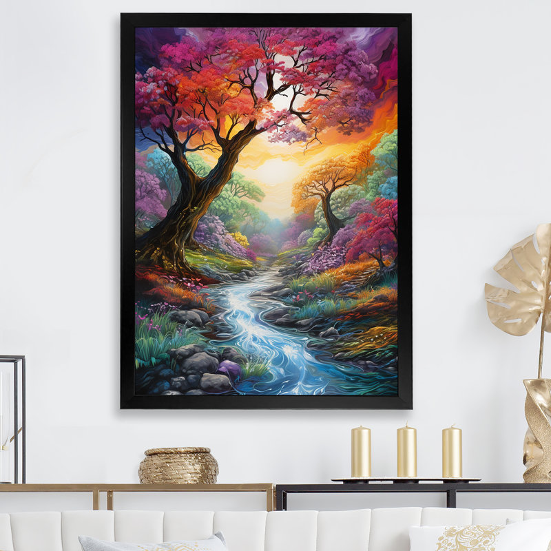 " Rainbow Forest Wonderland ", 32" H x 16" W x 1" D, Black Picture Framed
