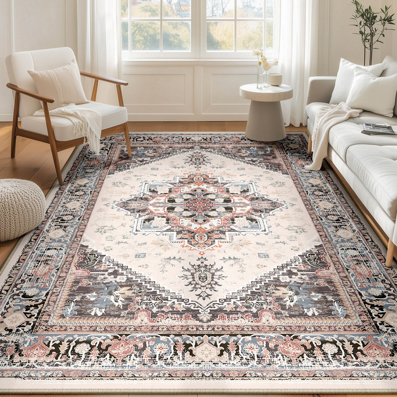 Machine Washable Non Slip Vintage Area Rugs for Living Room Bedroom Dining Room - Khaki/Brown/Beige, Round 8'