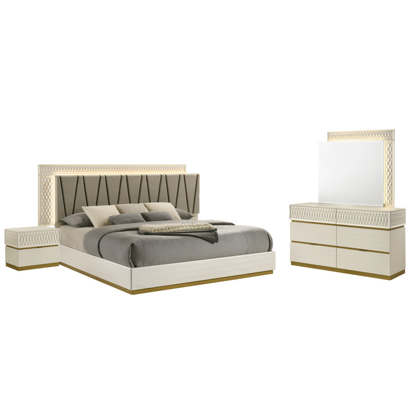 Ensemble de chambre à coucher grand lit 4 pièces Stanbridge Crème, 4 Pcs: Bed, Nightstand, Dresser, Mirror, Queen