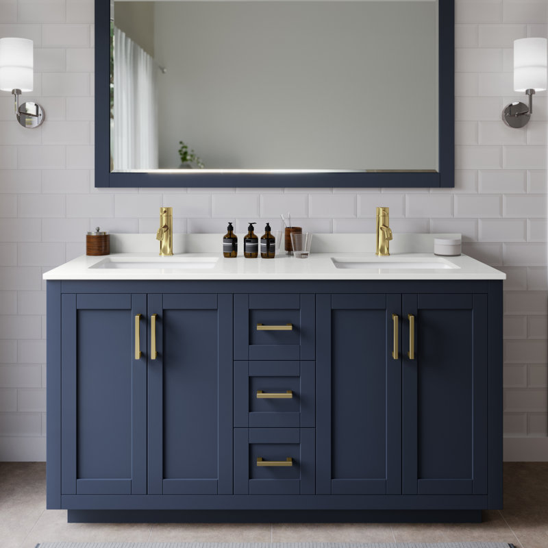 Miranda 60" Freestanding Double Bathroom Vanity with Quartz Top, Dark Blue, White Quartz, Brushed Gold