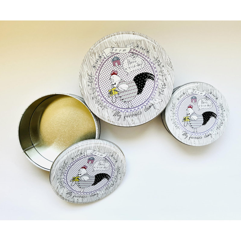 Pack Of 3 Stackable Round Metal Tin Containers With Lids – Multipurpose Tins For Storing Cookies, Candies, Kitchen Essentials, Stationery,Gif Box For Valentine Day – Rustic Farmhouse Rooster Design