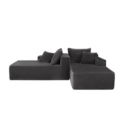 Modern Sectional Sofa with Double Chaise Lounge, Built-in 2 Cup Holders & 4 Throw Pillows, No Assembly Required for Living Room