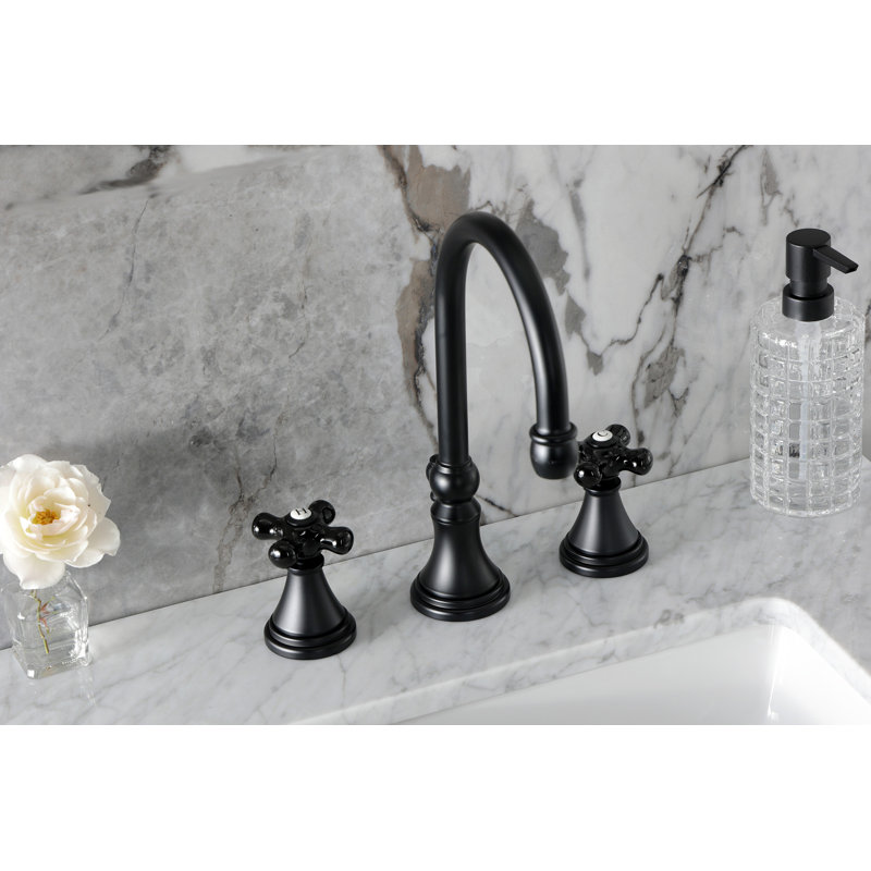 Kingston Brass Duchess Two-Handle 3-Hole Deck Mount Widespread Bathroom Faucet with Brass Pop-Up Drain, Matte Black